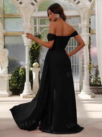 Off Shoulder Draped Side Split Thigh Formal Dress