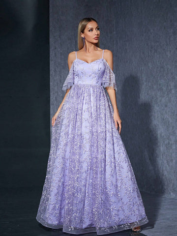 Off Shoulder Embroidered Mesh Flower Swing Bridesmaid Maxi Dress With Flared Sleeves