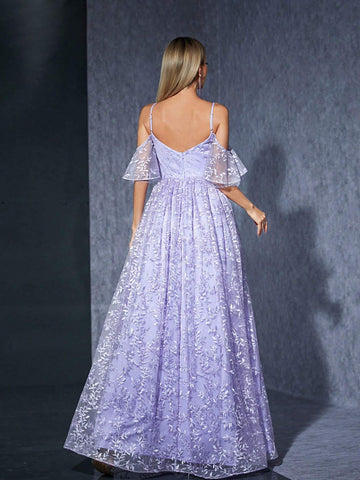 Off Shoulder Embroidered Mesh Flower Swing Bridesmaid Maxi Dress With Flared Sleeves