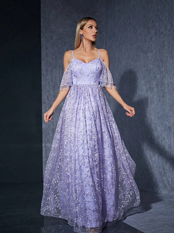 Off Shoulder Embroidered Mesh Flower Swing Bridesmaid Maxi Dress With Flared Sleeves