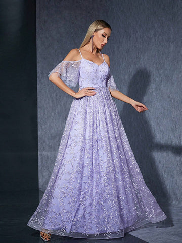 Off Shoulder Embroidered Mesh Flower Swing Bridesmaid Maxi Dress With Flared Sleeves