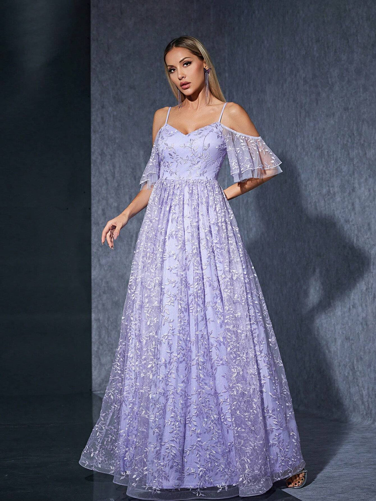 Off Shoulder Embroidered Mesh Flower Swing Bridesmaid Maxi Dress With Flared Sleeves