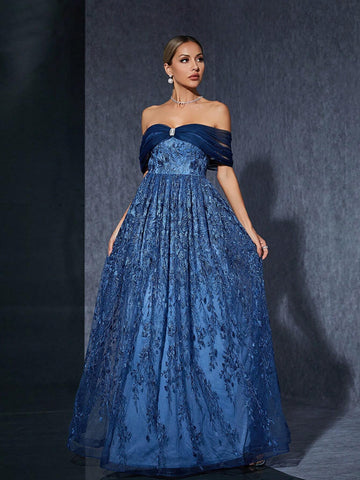 Off Shoulder Embroidered Mesh Lace A-Line Maxi Dress