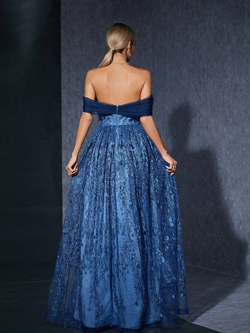 Off Shoulder Embroidered Mesh Lace A-Line Maxi Dress