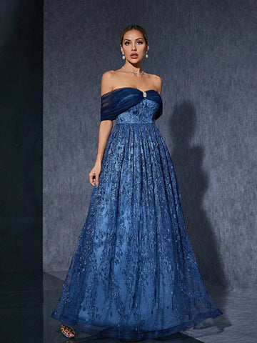 Off Shoulder Embroidered Mesh Lace A-Line Maxi Dress