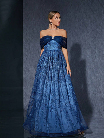 Off Shoulder Embroidered Mesh Lace A-Line Maxi Dress