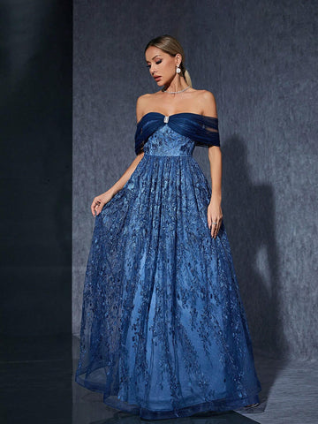 Off Shoulder Embroidered Mesh Lace A-Line Maxi Dress