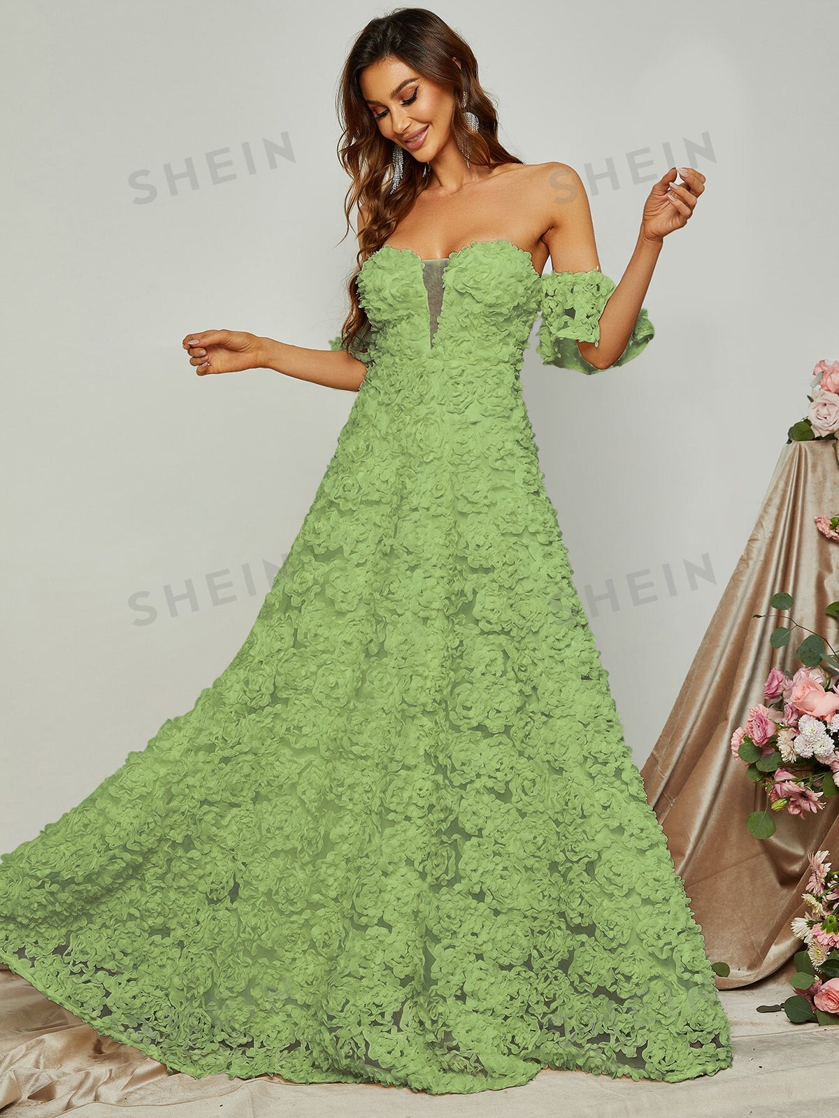 Off Shoulder Floral Appliques Formal Dress