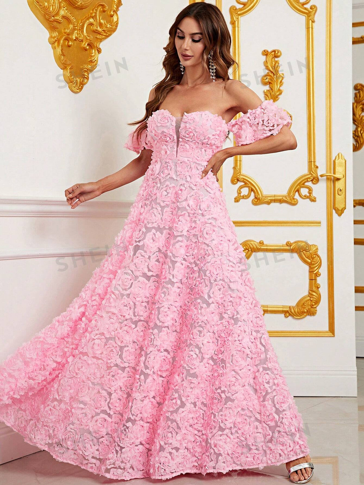Off Shoulder Floral Appliques Formal Dress