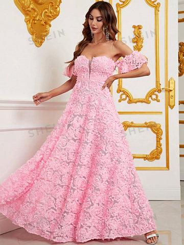 Off Shoulder Floral Appliques Formal Dress