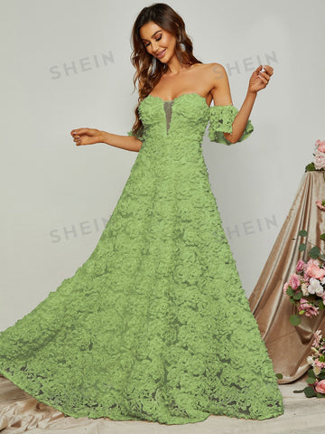 Off Shoulder Floral Appliques Formal Dress
