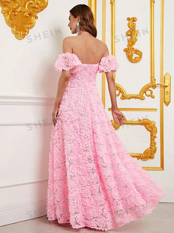 Off Shoulder Floral Appliques Formal Dress