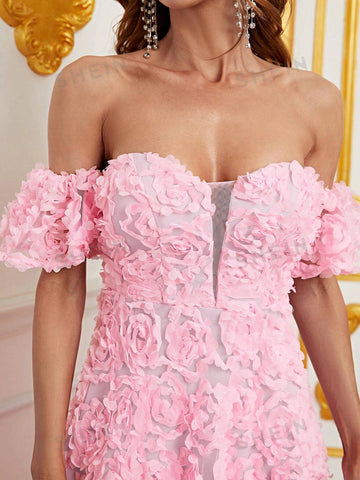 Off Shoulder Floral Appliques Formal Dress