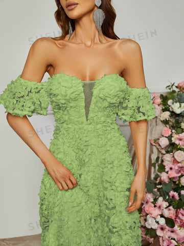 Off Shoulder Floral Appliques Formal Dress