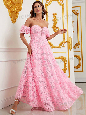 Off Shoulder Floral Appliques Formal Dress
