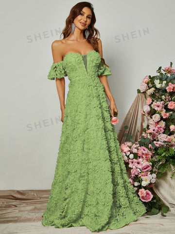 Off Shoulder Floral Appliques Formal Dress