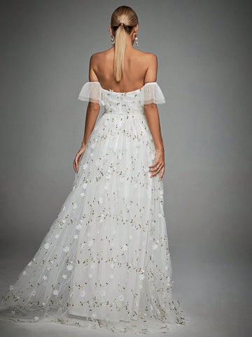 Off Shoulder Floral Appliques Mesh Overlay Maxi Dress