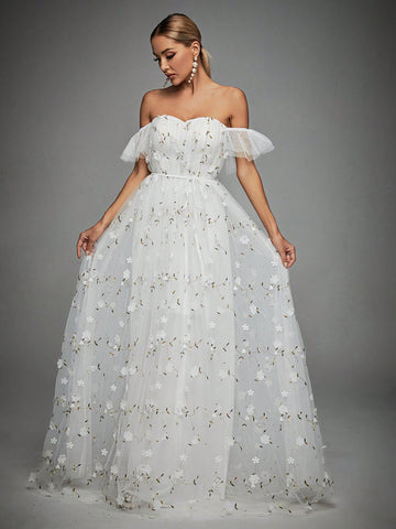 Off Shoulder Floral Appliques Mesh Overlay Maxi Dress