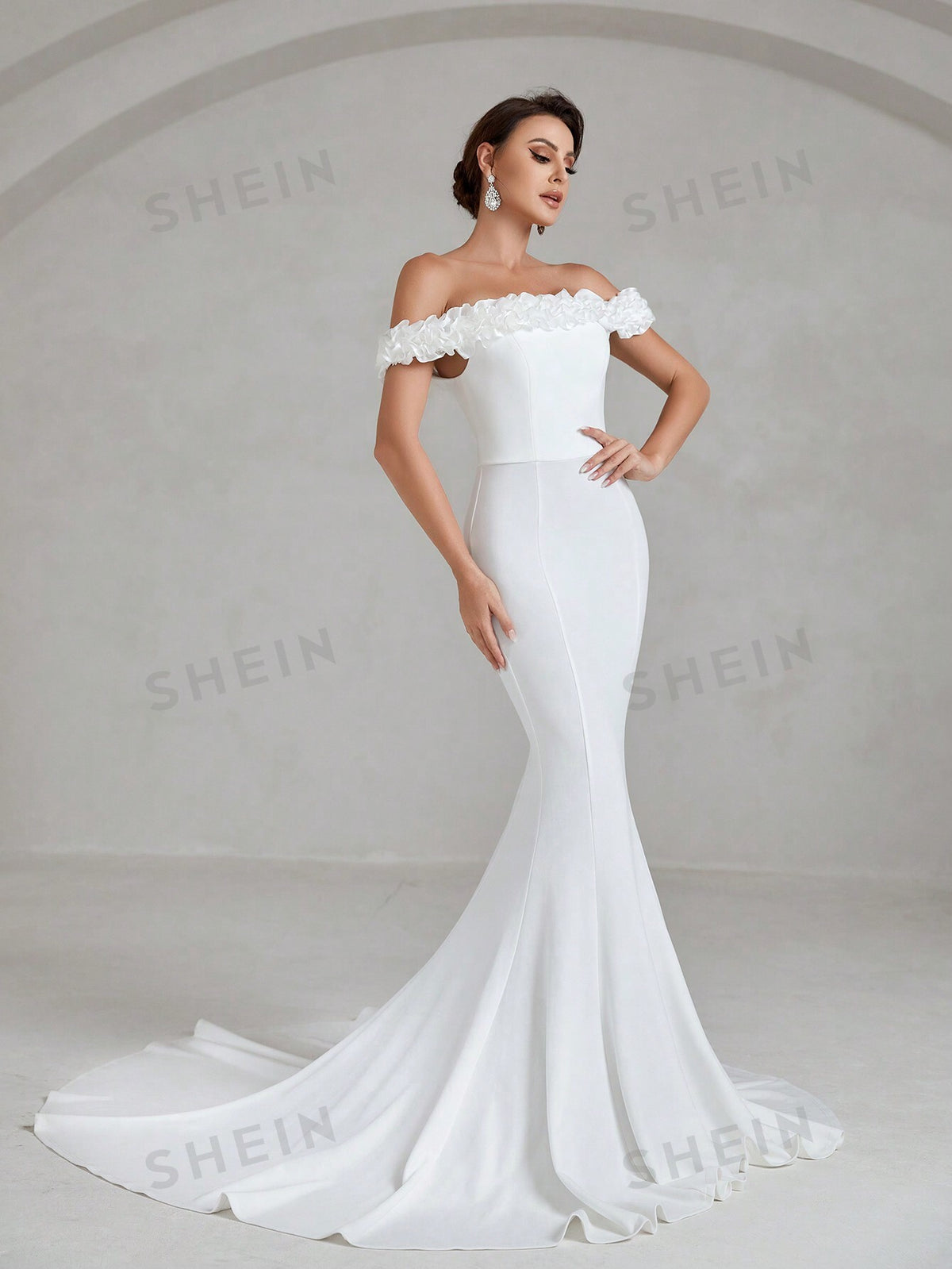 Off Shoulder Frill Trim Floor Length Wedding Dress