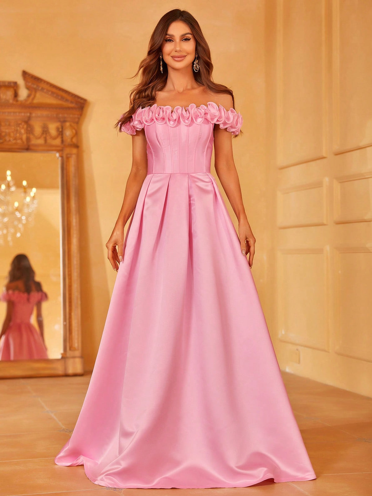 Off Shoulder Frill Trim Fold Pleated Satin Bridesmaid Dress