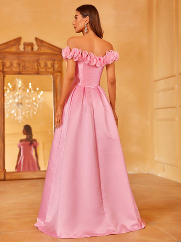 Off Shoulder Frill Trim Fold Pleated Satin Bridesmaid Dress