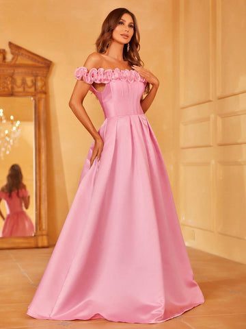 Off Shoulder Frill Trim Fold Pleated Satin Bridesmaid Dress
