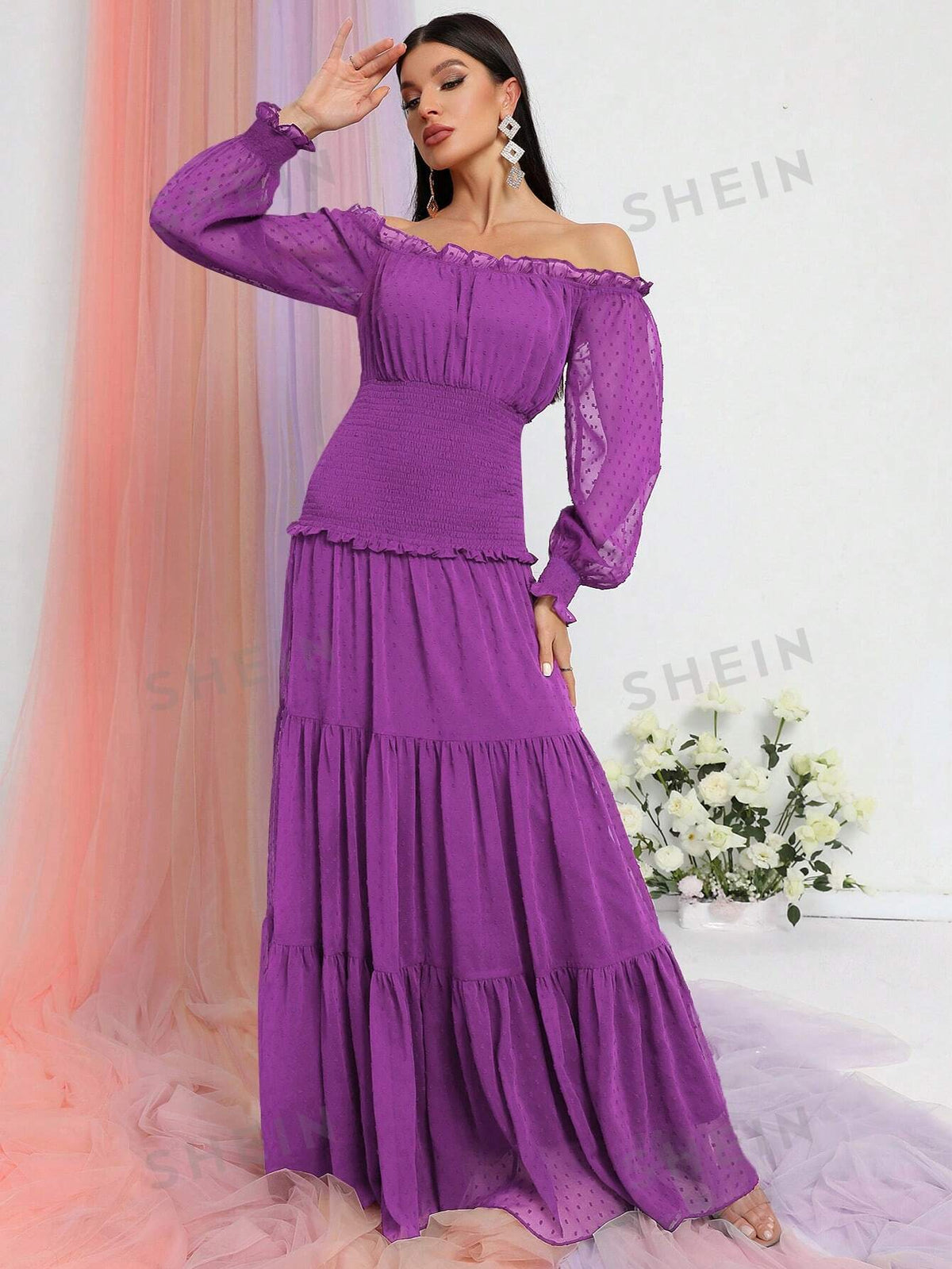 Off Shoulder Frill Trim Shirred Ruffle Hem Dress