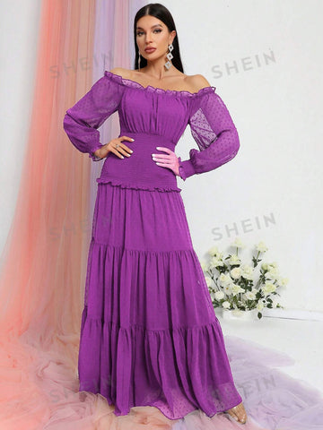 Off Shoulder Frill Trim Shirred Ruffle Hem Dress