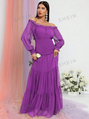 Off Shoulder Frill Trim Shirred Ruffle Hem Dress