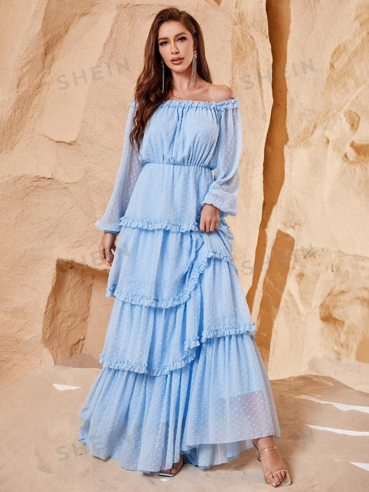 Off Shoulder Frill Trim Swiss Dot Chiffon Dress