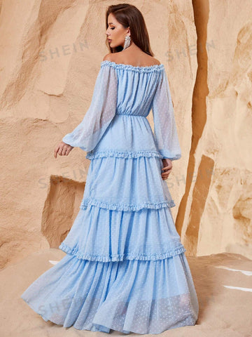 Off Shoulder Frill Trim Swiss Dot Chiffon Dress