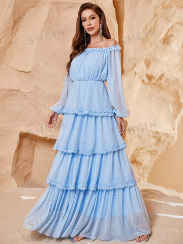 Off Shoulder Frill Trim Swiss Dot Chiffon Dress