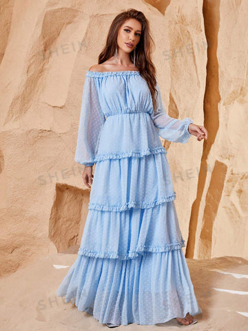 Off Shoulder Frill Trim Swiss Dot Chiffon Dress