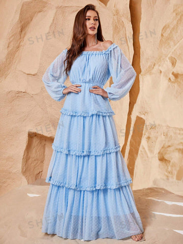 Off Shoulder Frill Trim Swiss Dot Chiffon Dress