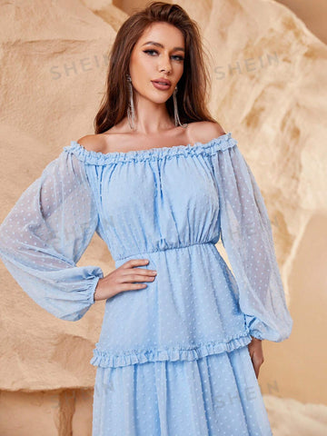 Off Shoulder Frill Trim Swiss Dot Chiffon Dress