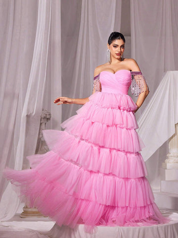 Off Shoulder Fringed Trim Mesh Prom Dress