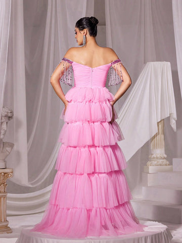 Off Shoulder Fringed Trim Mesh Prom Dress