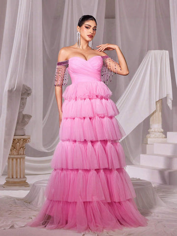 Off Shoulder Fringed Trim Mesh Prom Dress