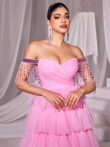Off Shoulder Fringed Trim Mesh Prom Dress