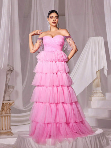 Off Shoulder Fringed Trim Mesh Prom Dress