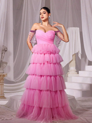 Off Shoulder Fringed Trim Mesh Prom Dress