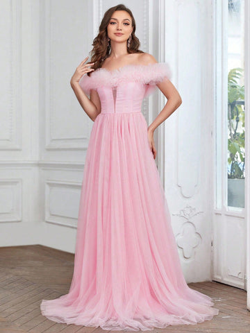 Off Shoulder Fuzzy Trim Mesh Wedding Dress Without Veil