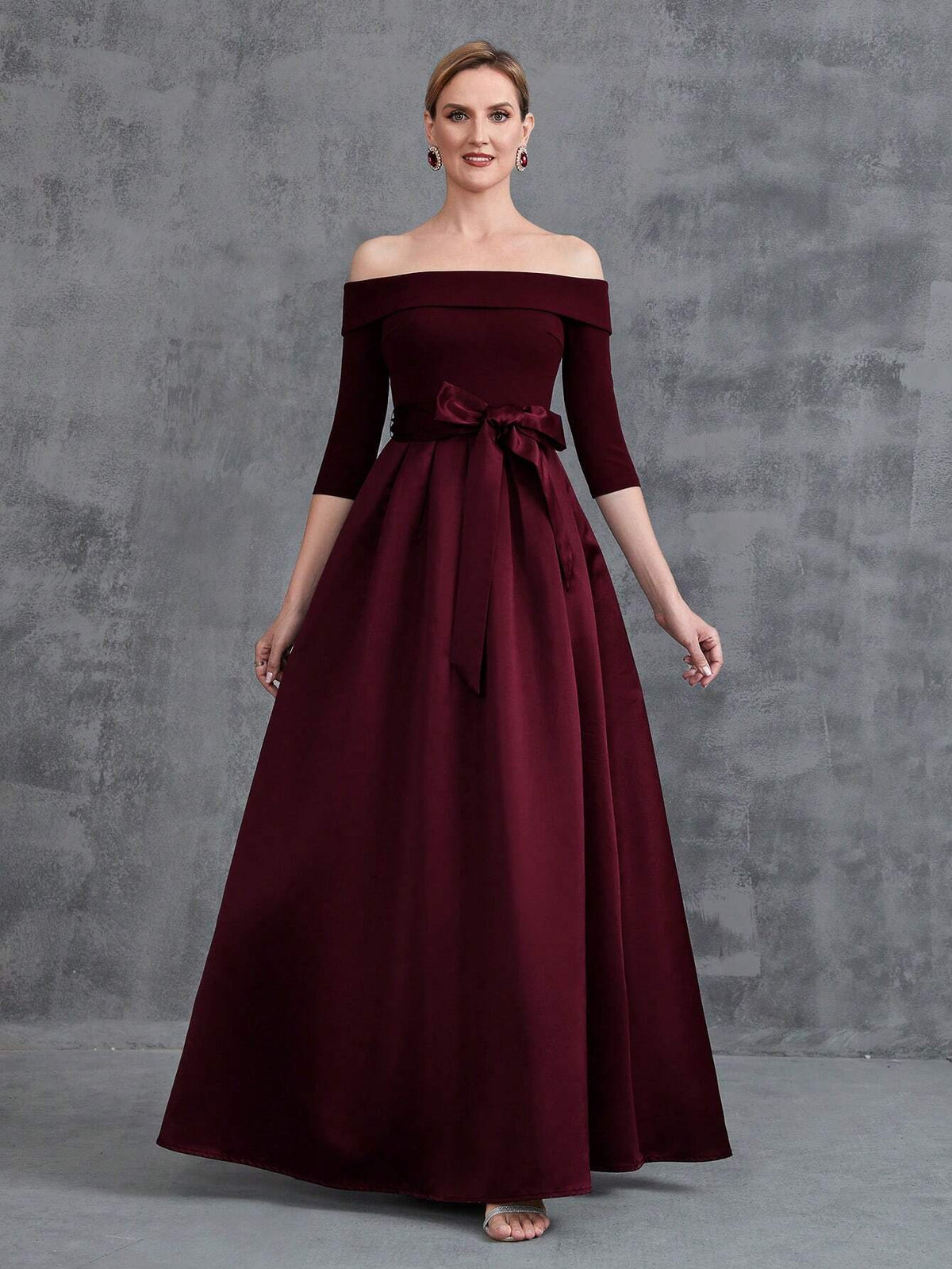 Off Shoulder Half Sleeve Belt Satin Prom Dress
