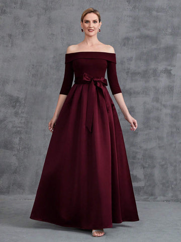Off Shoulder Half Sleeve Belt Satin Prom Dress