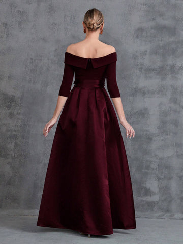 Off Shoulder Half Sleeve Belt Satin Prom Dress