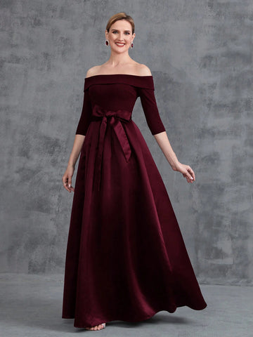 Off Shoulder Half Sleeve Belt Satin Prom Dress