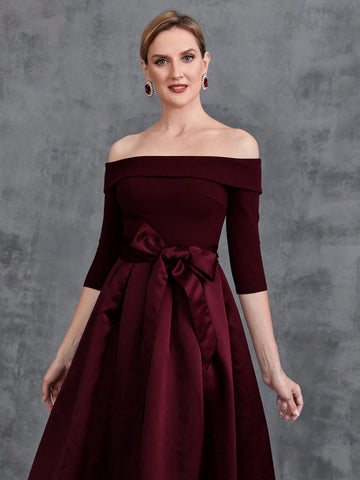 Off Shoulder Half Sleeve Belt Satin Prom Dress