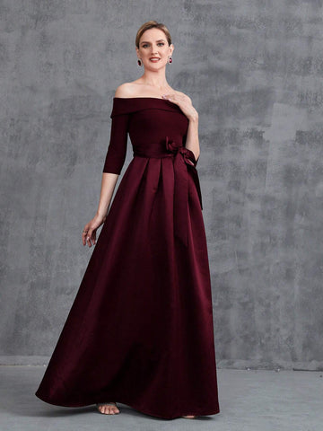 Off Shoulder Half Sleeve Belt Satin Prom Dress