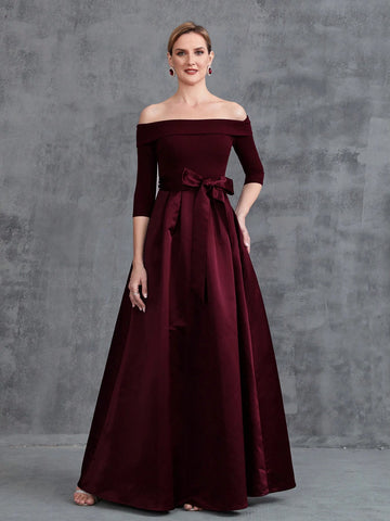 Off Shoulder Half Sleeve Belt Satin Prom Dress