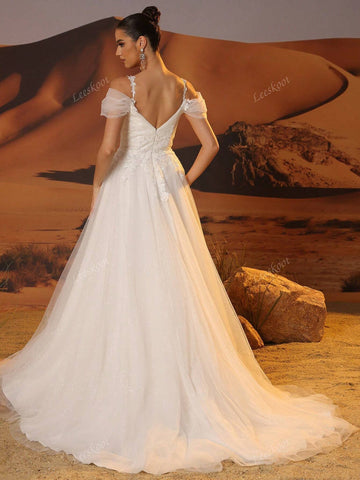 Off Shoulder Ivory Lace Wedding Dresses With Removeable Spaghetti Strap Elegnat V-Neck Tulle Bridal Gowns For Wedding Party Luxury Hand Beading Zip Back